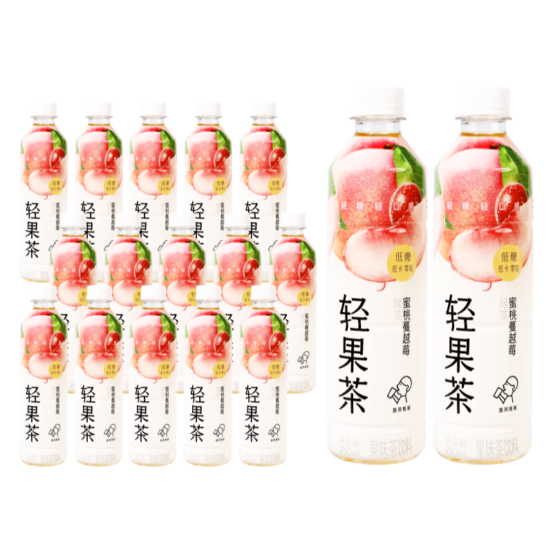 plus会员:喜茶（HEYTEA）轻果茶 蜜桃蔓越莓绿茶果味450ml*15瓶 43.65元包邮