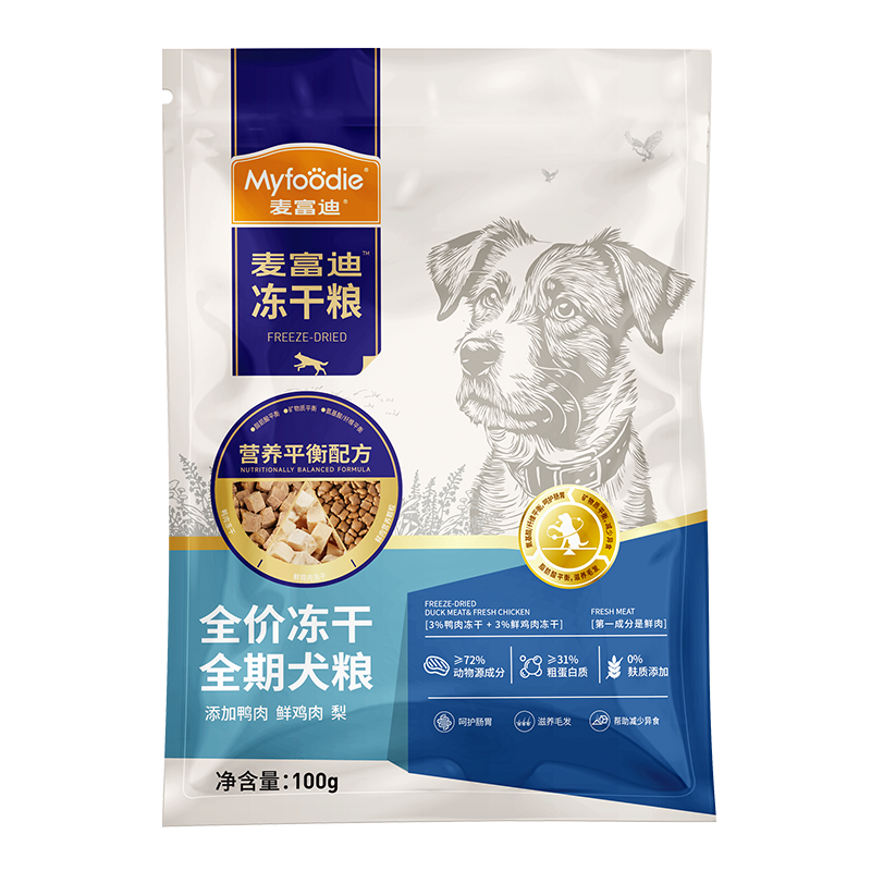 Myfoodie 麦富迪 狗粮鸭肉梨全价冻干小型犬成犬幼犬粮通用全期犬粮100g 5.9元