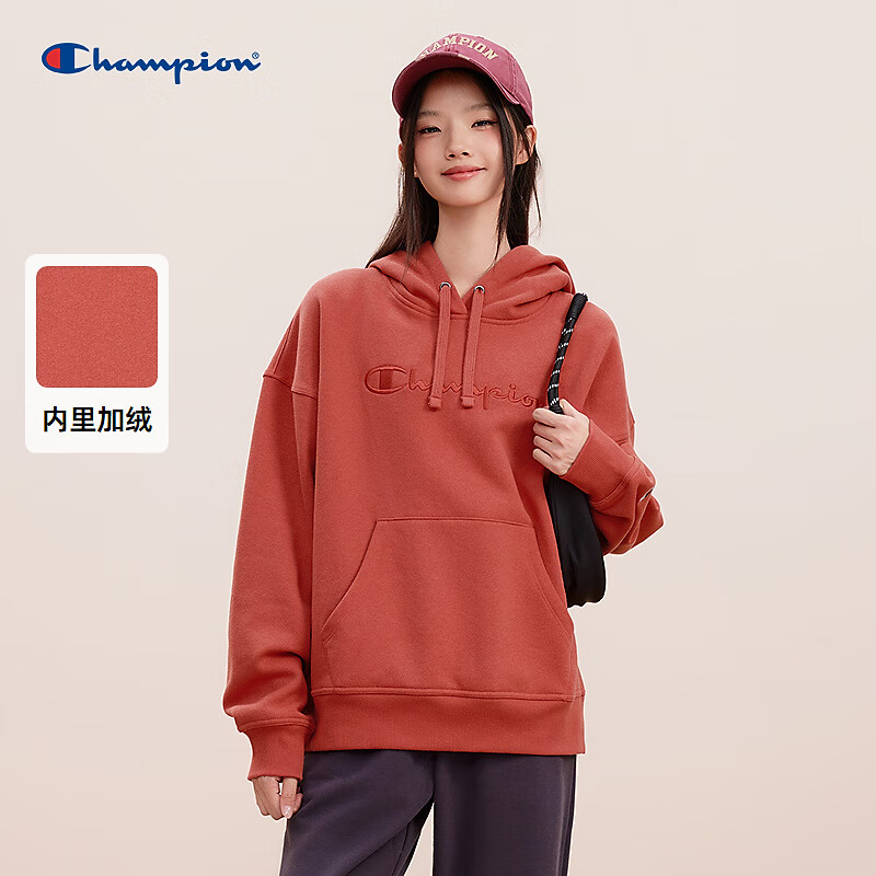 Champion 冠军连帽卫衣女2024秋季刺绣logo加绒上衣校园风潮牌 豆沙粉 XS 539元（