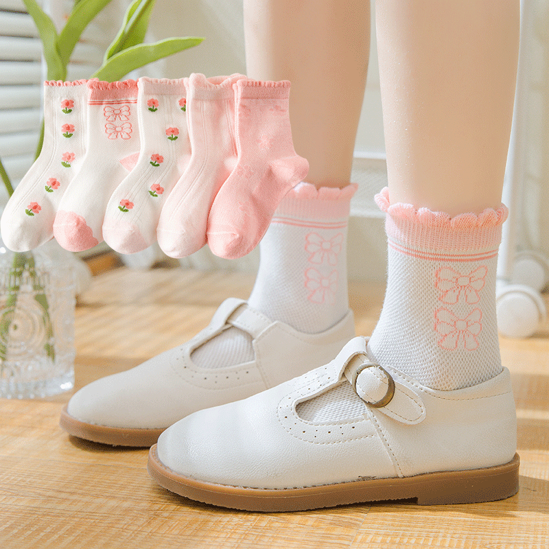 卡拉美拉 [精选]儿童袜子网眼蝴蝶结5色 5双 1-3岁 (S) 9.9元（需用券）