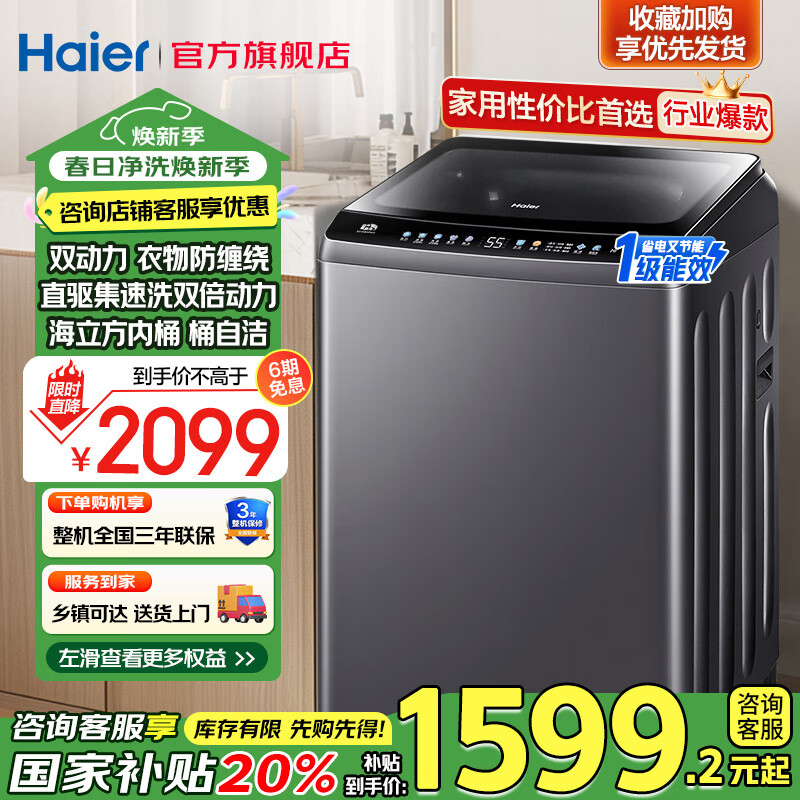 国家补贴：海尔 Haier 波轮洗衣机全自动 双动力防缠绕 10公斤 炫彩触控屏 直