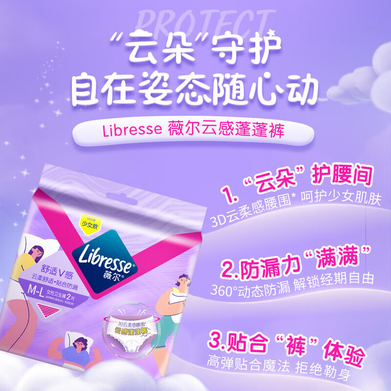 Libresse 安心裤卫生巾少女生加长超薄安睡裤ML蓬拉拉防漏夜用裤型 3.13元（需