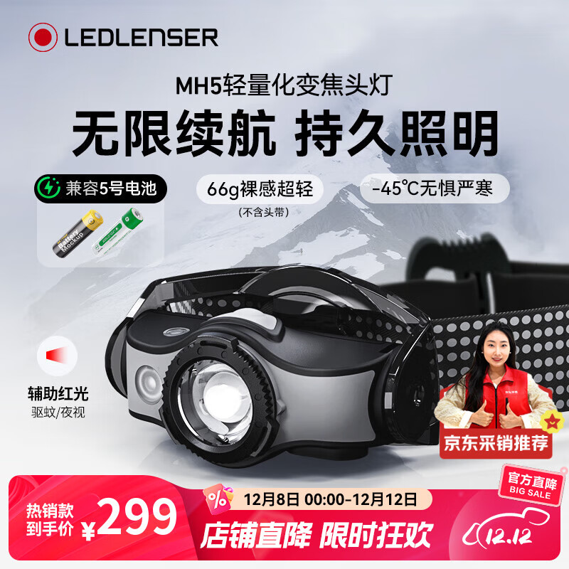 莱德雷神 MH5 德国强光头灯 户外头灯 头灯x1、说明书x1、14500充电电池x1 278元