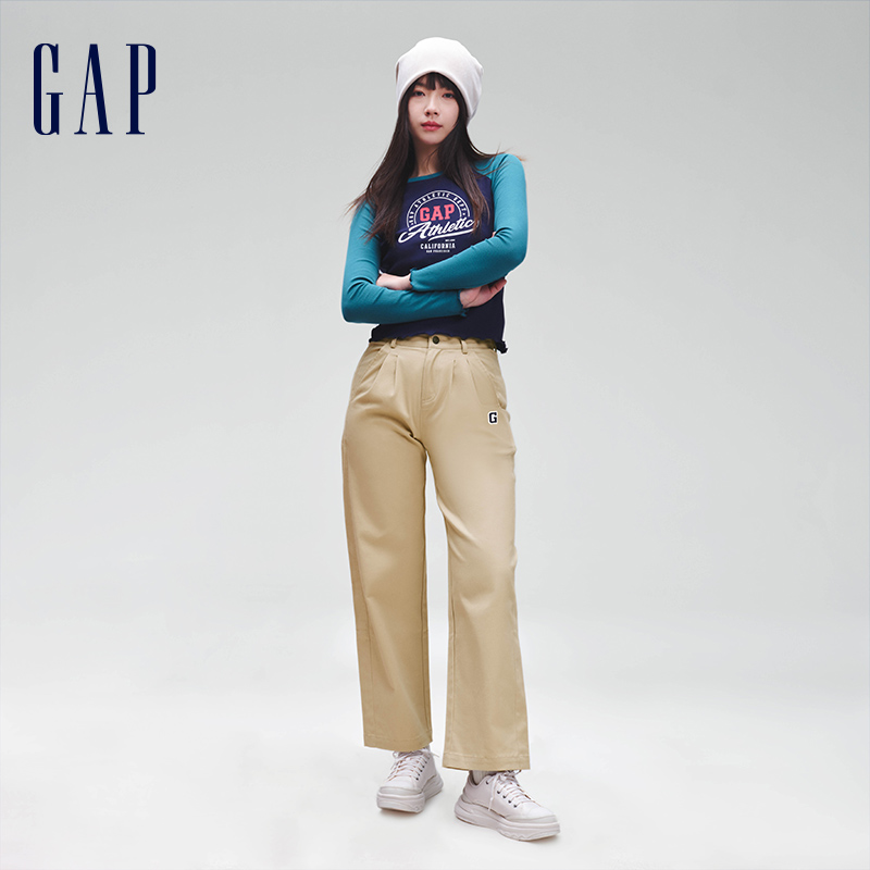 88VIP：Gap 盖璞 女装春季2024新款通勤商务宽松卡其裤高腰直筒裤休闲裤876123 1