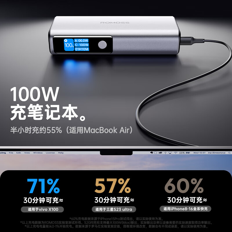 罗马仕 充电宝20000毫安时S20闪充柱单口100W大功率PD快充移动电源多口 130.11元