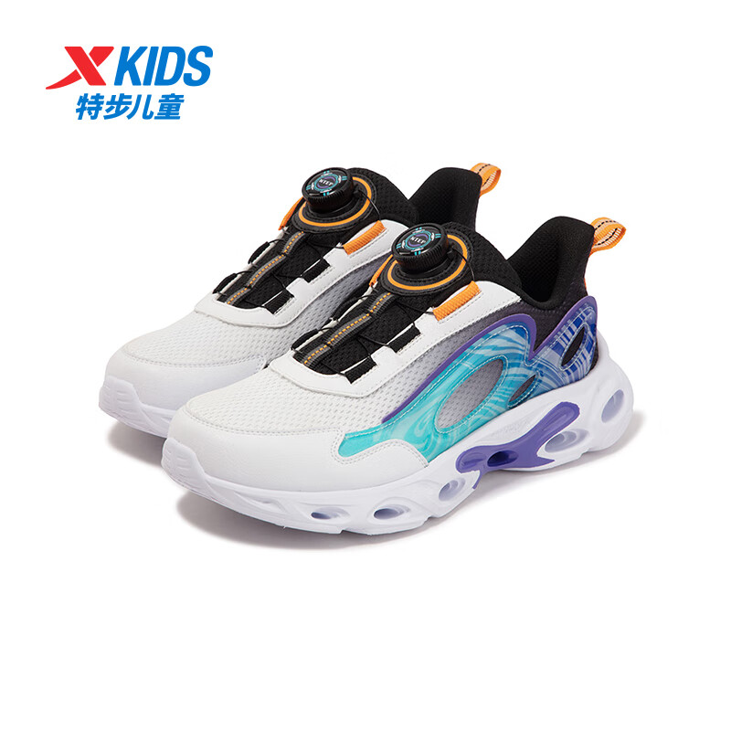 特步 童鞋儿童透气休闲旋钮扣运动鞋 新白色/黑/紫外光 38码 64.5元（需买2件