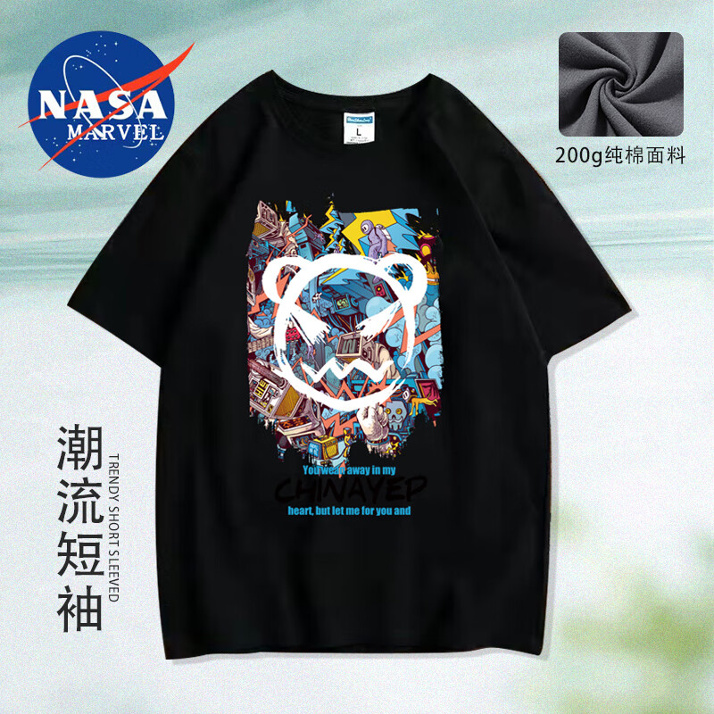 NASA MARVEL 短袖T恤男夏季新款200G重磅纯棉印花短袖情侣款潮流百搭T恤 03-黑色