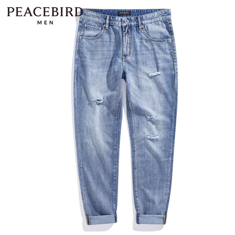 PEACEBIRD 太平鸟 男装破洞牛仔裤男时尚长裤 蓝色2（修身） L 89元（需用券）