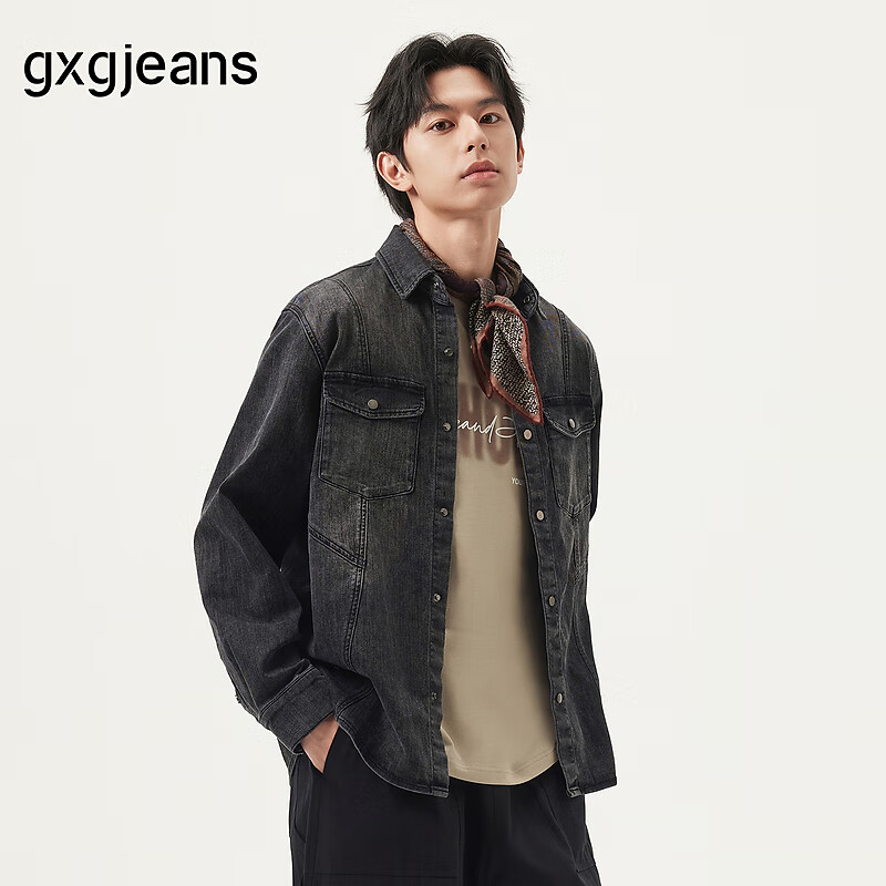 gxgjeans 男装 黑色分割设计时尚水洗翻领牛仔夹克外套男25春新品 黑色 S 159元 - 86线报