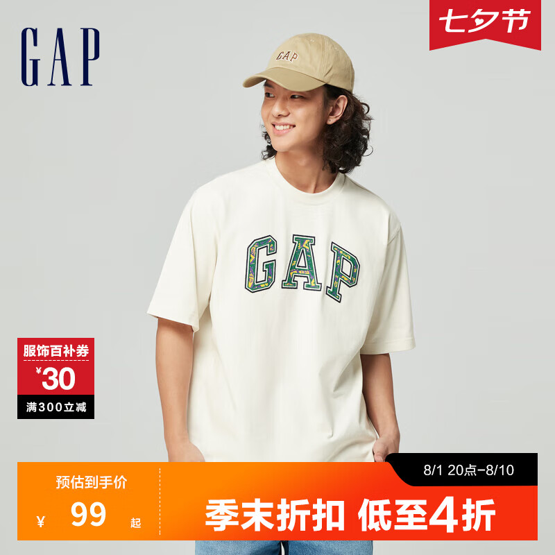 Gap 盖璞 男女装春季2024新款LOGO设计感字母经典圆领纯棉短袖T恤885842 灰白色 