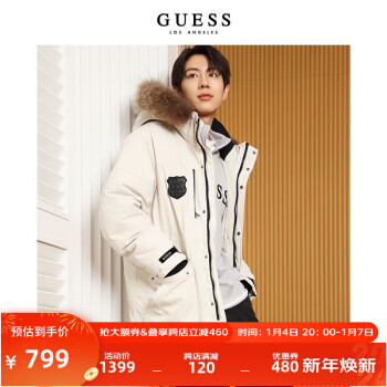 GUESS 盖尔斯 男士工装风貉子毛领连帽中长款羽绒服-M2BL968105Z A90F-银灰色 ￥79