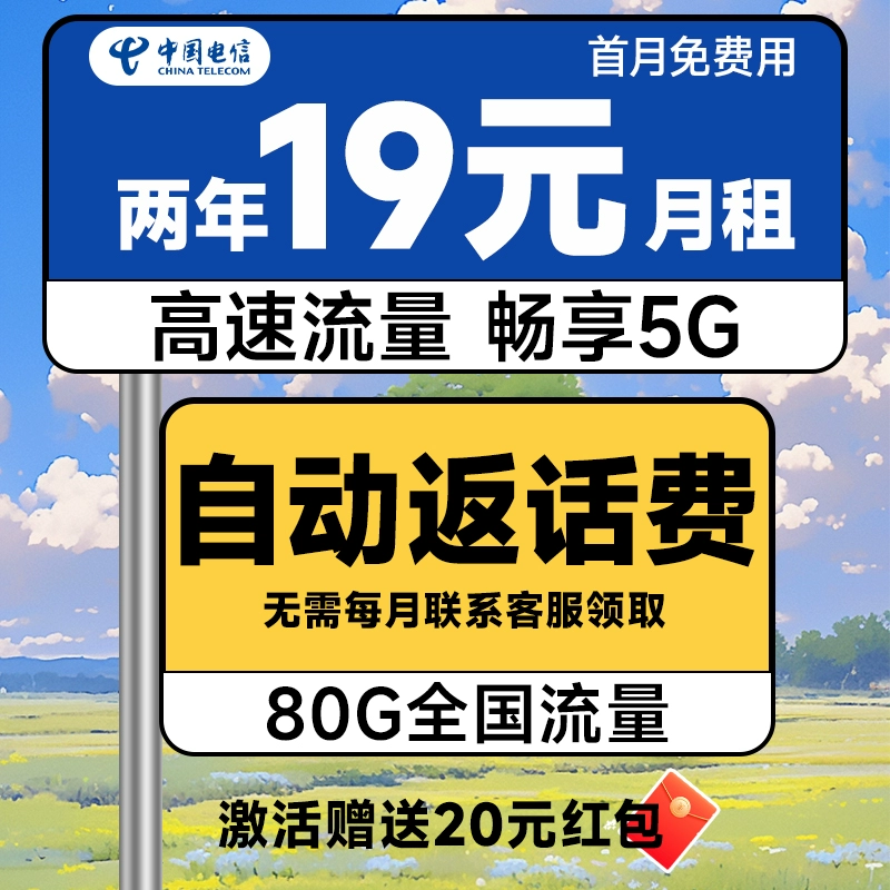 中国电信 省省卡 2年19元月租（自动返费+80G全国流量+首月免月租+畅享5G）激