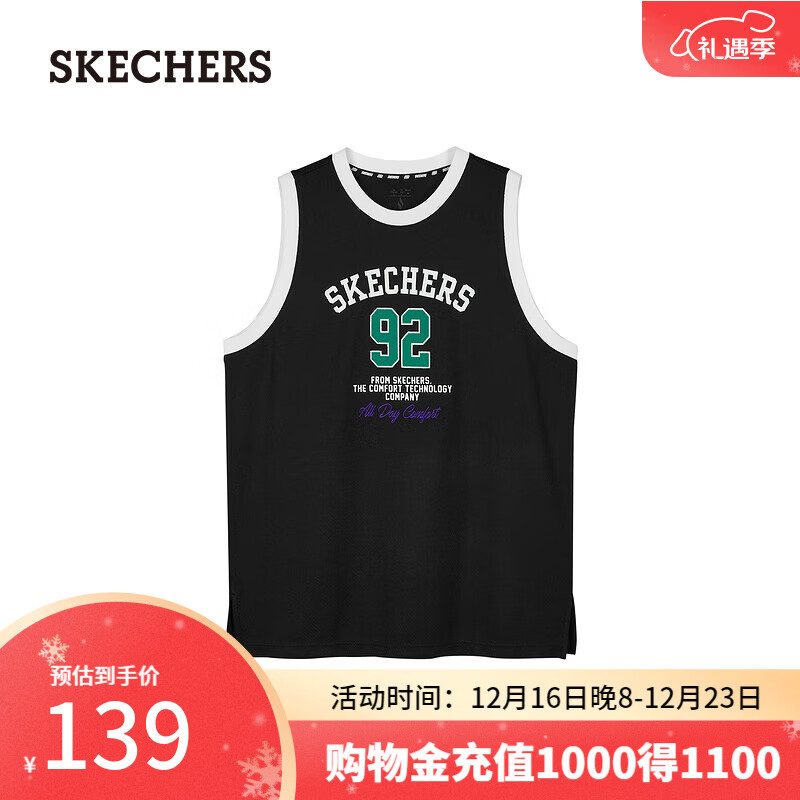 SKECHERS 斯凯奇 2024夏季运动服男女同款无袖圆领L124U178 碳黑/0018 XXL 139元（需