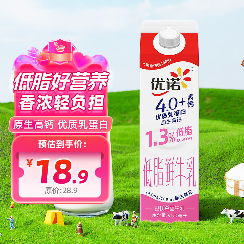 优诺 高钙4.0+低脂鲜牛乳950ml/盒 优质乳蛋白巴氏杀菌鲜牛奶 营养早餐 14.01元