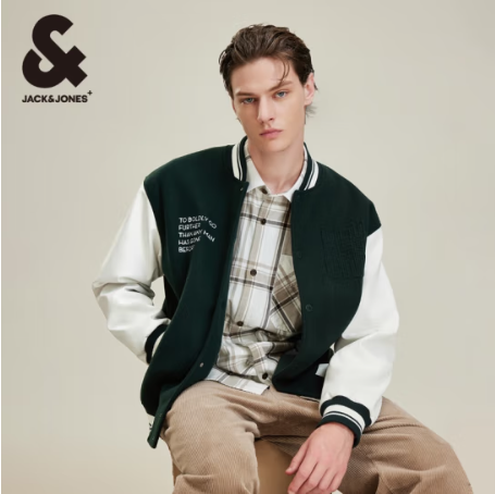 JACK&JONES 杰克琼斯 仿毛呢拼接棒球服夹克外套 224321068 296.46元（需用券）