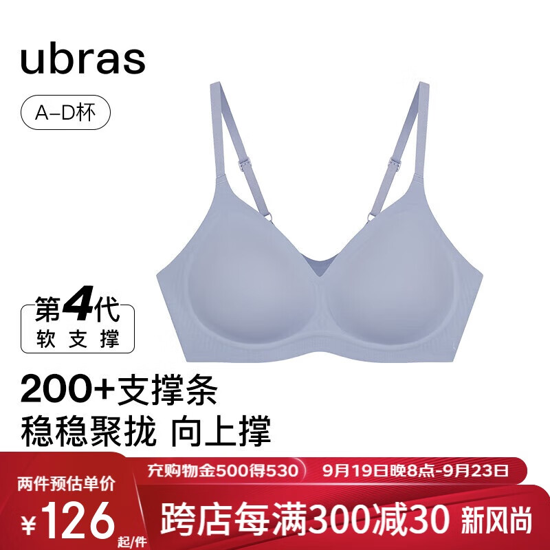 Ubras 夹心软支撑光面文胸女士内衣女背勾款-奶盐蓝色M 115.1元（需买3件，共3