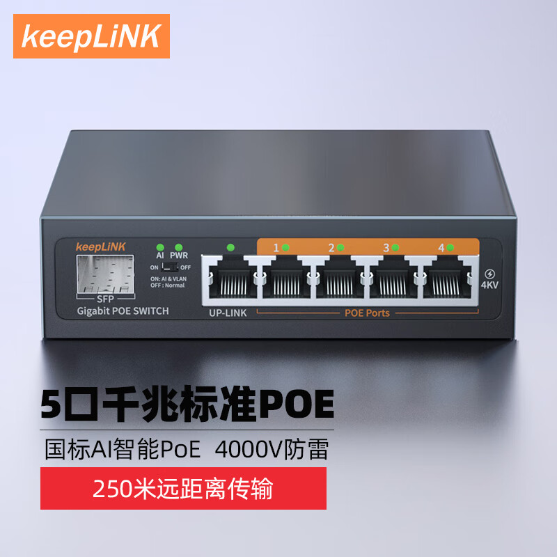 keepLINK 204GP全千兆6口POE交换机AI智能监控摄像头分离器交换器52W 89元