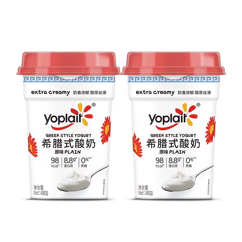 yoplait 优诺 希腊式酸奶0蔗糖8.8g高蛋白营养早餐奶家庭装480g*2桶 ￥79