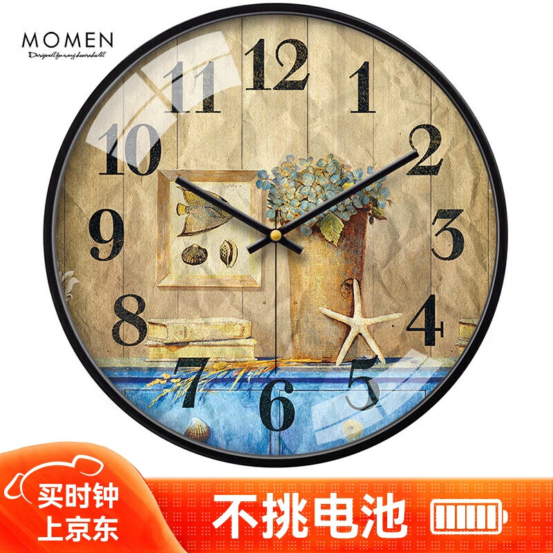 Momen 摩门 挂钟14英寸欧式客厅时钟挂表复古石英钟地中海钟表HB0074 金属黑 44