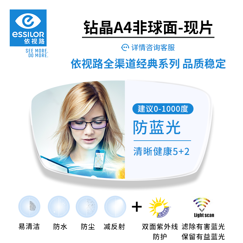 essilor 依视路 钻晶A4 1.67非球面单光镜片*2片 可配度数散光 送镜框 498元（需