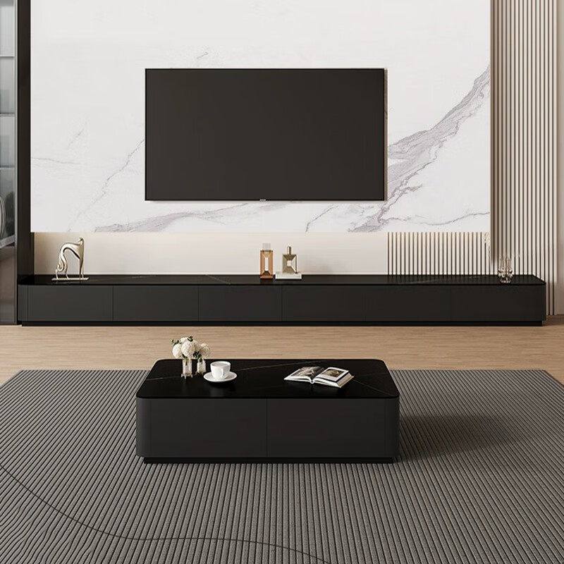 木耶 电视柜茶几组合2024新款家用简约实木岩板黑色柜体+黑金岩板 2.2米电视