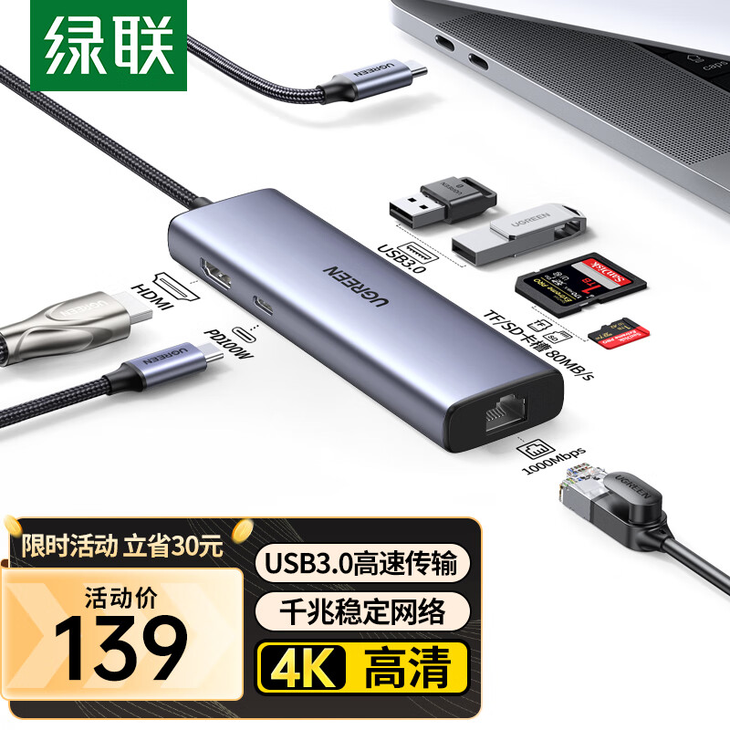 绿联 90568 扩展坞 7合1（千兆网口+HDMI+HUB+PD） 139元（需用券）