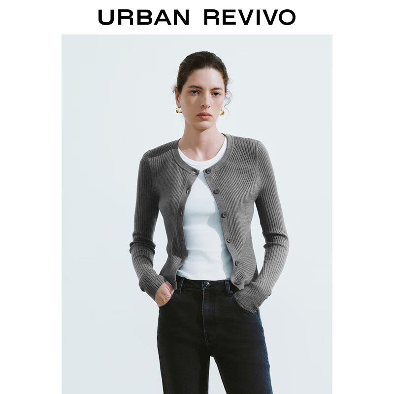 URBAN REVIVO UR2024秋冬新款女装简约通勤百搭短款圆领针织开衫UWB940009 159元（