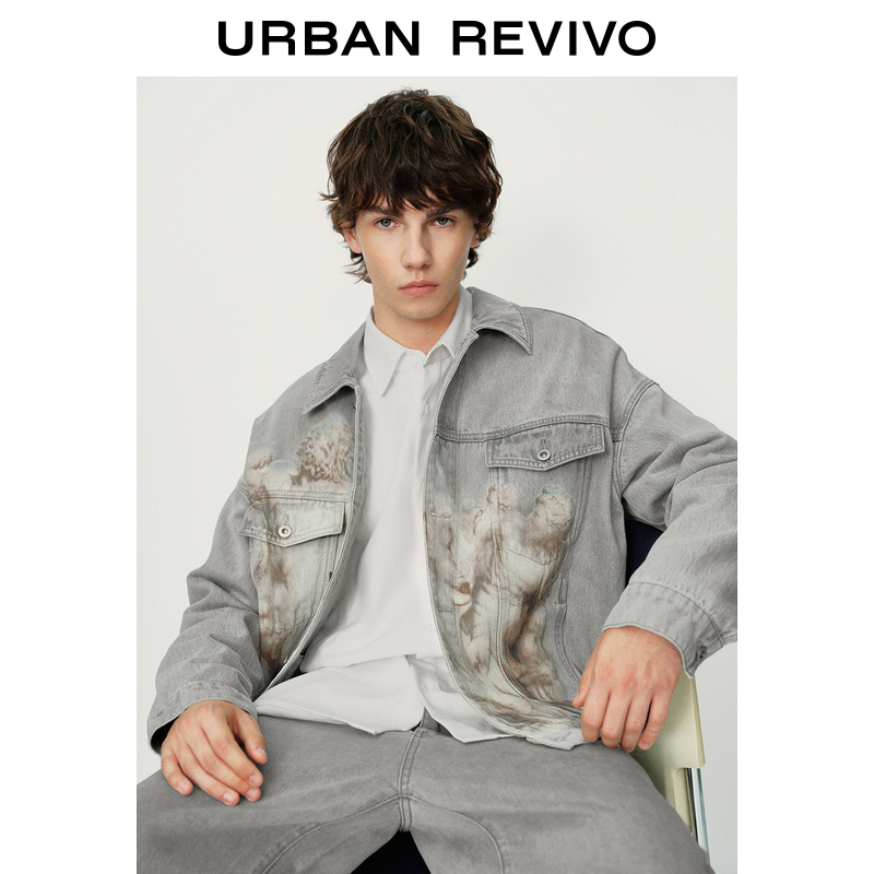 URBAN REVIVO UR秋冬新款男装高街休闲风设计感艺术图案牛仔外套UML830036 239元