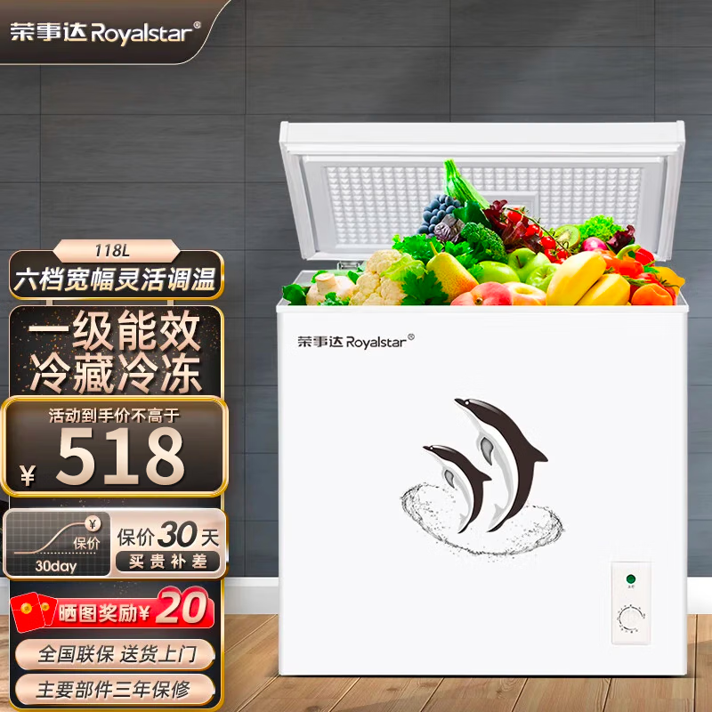 Royalstar 荣事达 家用冰柜中小型 冷藏冷冻转换柜商用卧式全冷冻冰箱 一级能