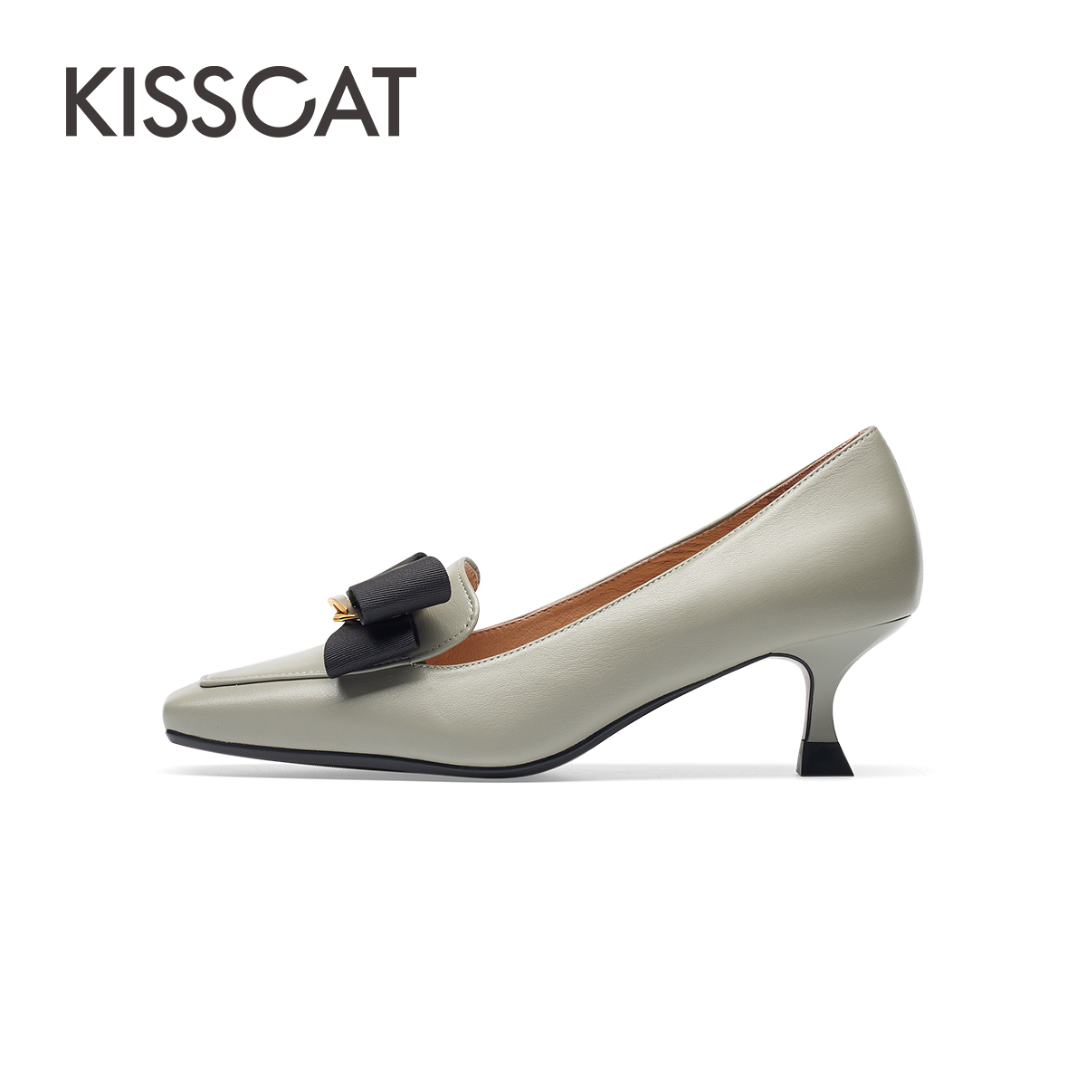 88VIP：KISSCAT 接吻猫 春季新款复古高级单鞋蝴蝶结高跟鞋方头异形跟乐福鞋