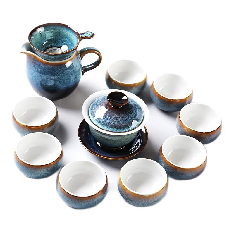 苏氏陶瓷 G76264-1 窑变天之蓝 茶具套装 13件套 银丝釉面 119元