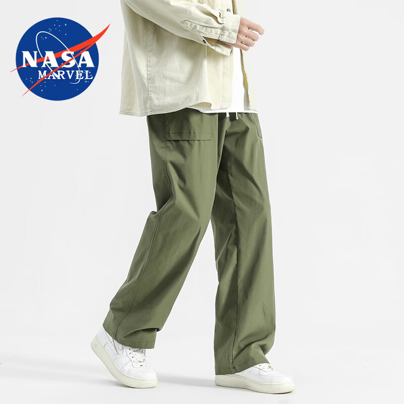 NASA MARVEL 男士休闲裤早春宽松直筒裤港风长裤口袋工装裤 军绿色 M 49元（需