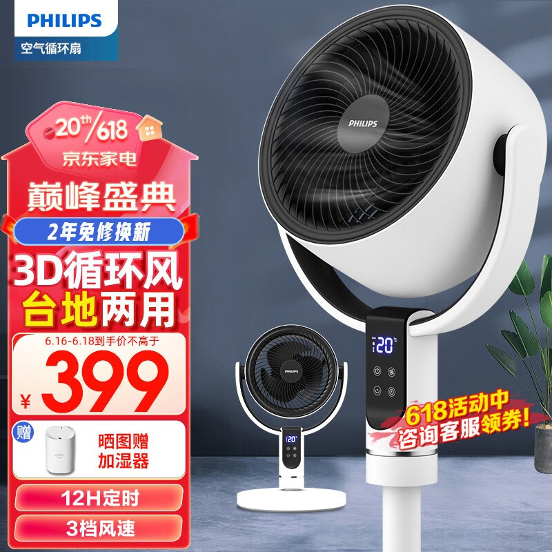 PHILIPS 飞利浦 空气循环遥控电扇3D自动摇头台地两用对流换气扇 ACR2242CFD 256.4