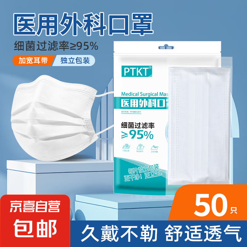 稳健 一次性医用外科口罩薄款透气防花粉防晒防尘加宽耳带三层成人 白色50只 0.99元(需用券)