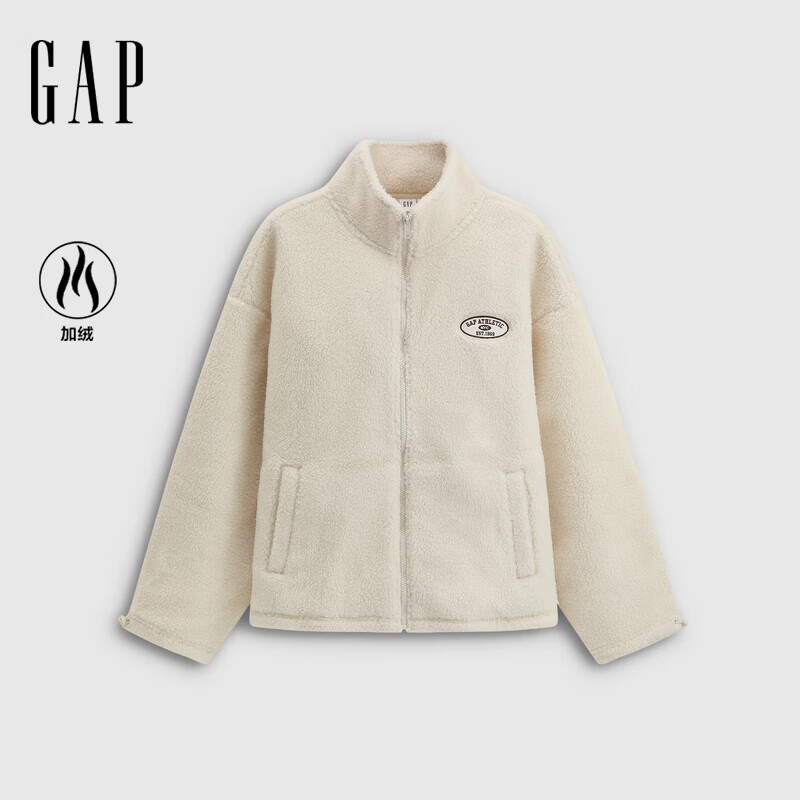 Gap 女装2025秋季新款贴布绣logo仿羊羔绒宽松拉链立领外套843660 米色 S (160/84A)