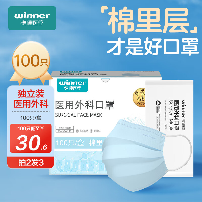 winner 稳健医疗 稳健医用外科口罩独立袋装100只 ￥27.9