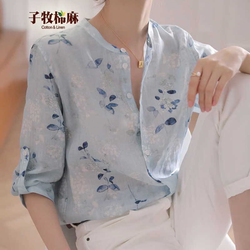 子牧棉麻 2026春夏装 女百搭宽松显瘦轻薄透气小衫立领中袖上衣8402 天蓝色 5