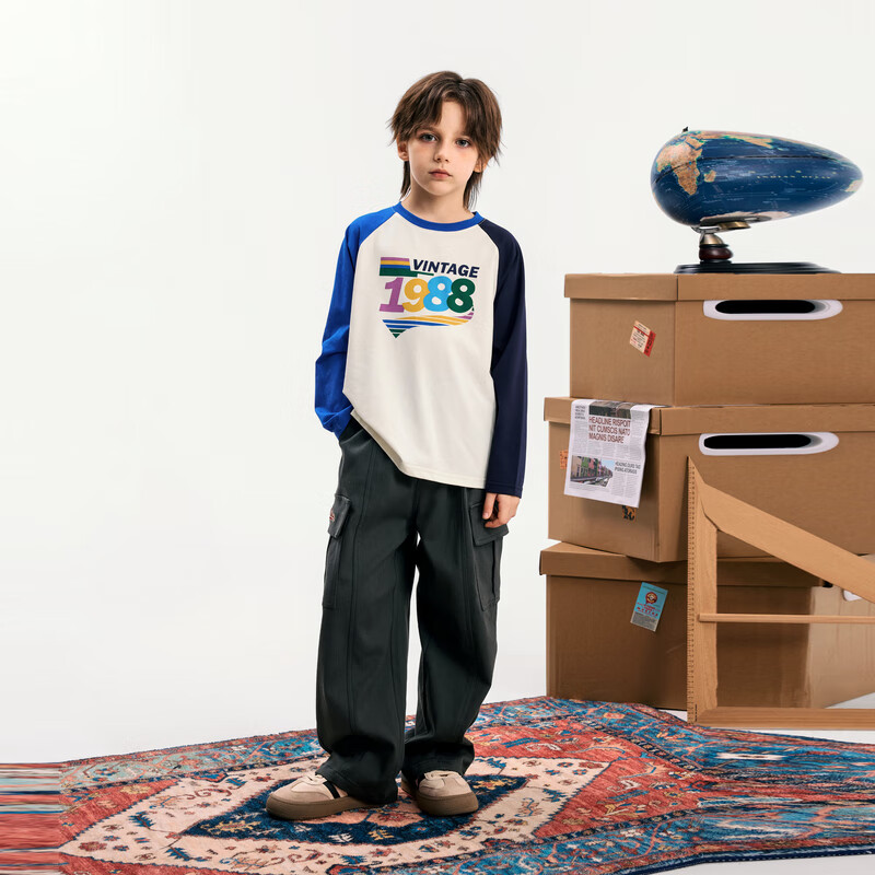 MQD 马骑顿 男大童秋季学院风撞色插肩袖鸳鸯色美式复古长袖T恤 藏青 120 36.9