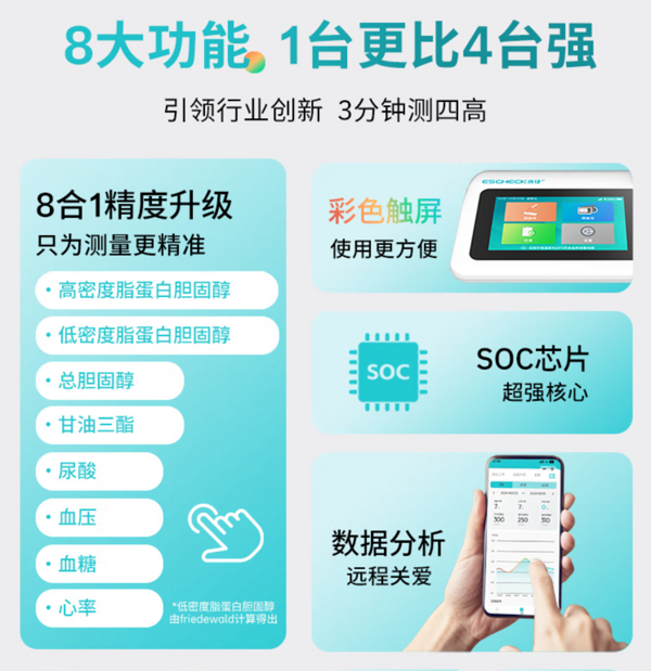 逸捷体检机MFA-1一机8测多功能分析仪（血脂/血糖/尿酸测试仪+电子血压计）