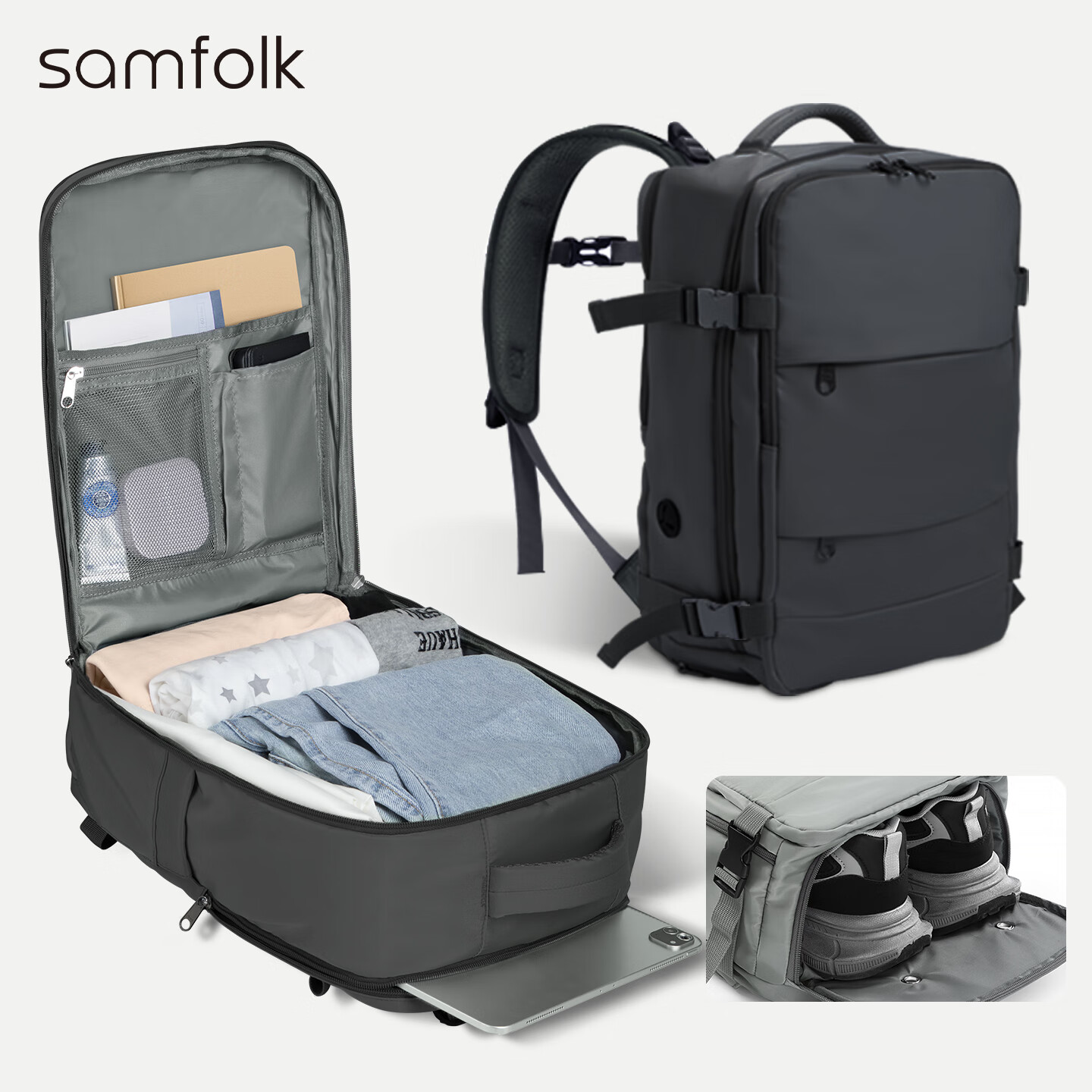 Samfolk 双肩包大容量旅行背包 登机免托运包 黑色 88元（需用券）