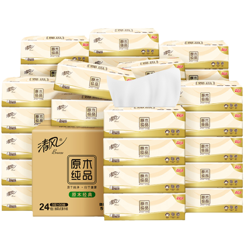 清风 原木抽纸3层100抽24包 22.8元