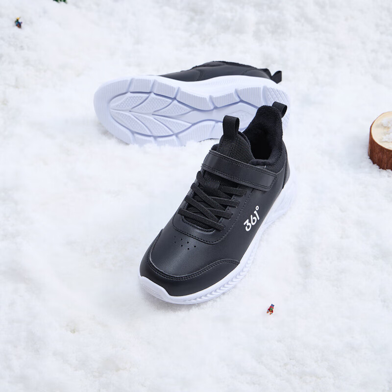 值选：361° 儿童运动鞋男童跑鞋秋冬密网轻便魔术贴女童皮革加绒保暖运动