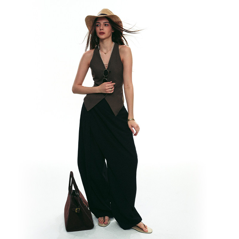 移动端：SINGLE MOMENT 25SS秋季新款羊毛混纺多层次飘带休闲阔腿西裤女 478元（