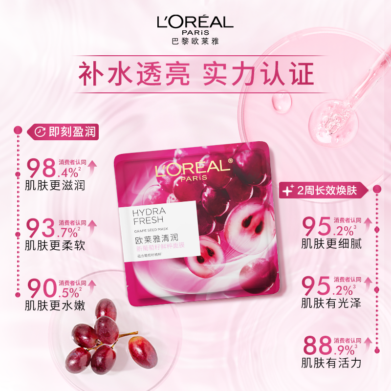 88VIP：L'OREAL PARIS 欧莱雅清润葡萄籽鲜粹精华液面膜女补水保湿焕活提亮温和