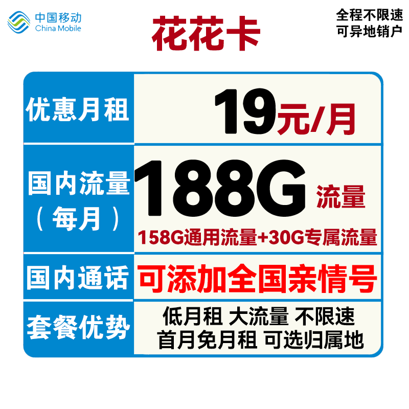 中国移动 花花卡 19元月租（158G通用流量+30G定向流量+可选归属地+首月免租