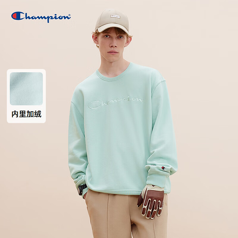 Champion 冠军加绒卫衣男2024秋季刺绣logo保暖上衣潮简约休闲 浅蓝色 2XL 489元