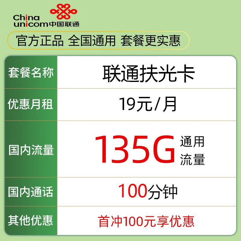 中国联通 扶光卡 一年19元月租（135G通用流量＋100分钟通话） 0.01元包邮（双