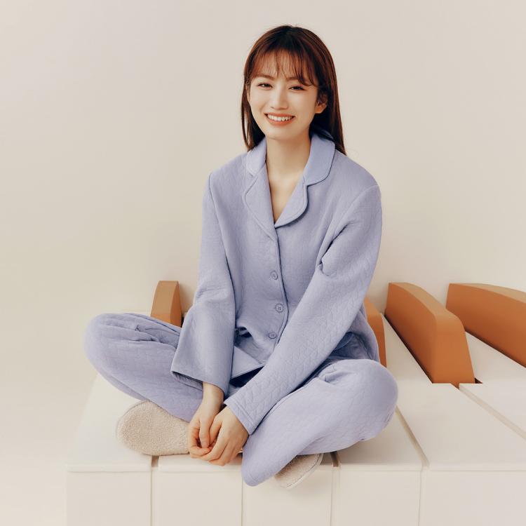 三枪 可外穿100%棉外层暖棉翻领女睡衣家居服套装 144元