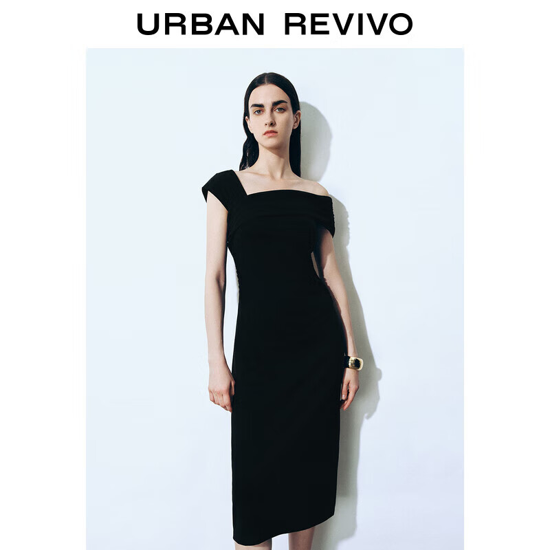 URBAN REVIVO UR2024秋季新款女装不对称一字肩中长款连衣裙UWG740151 179元（需用