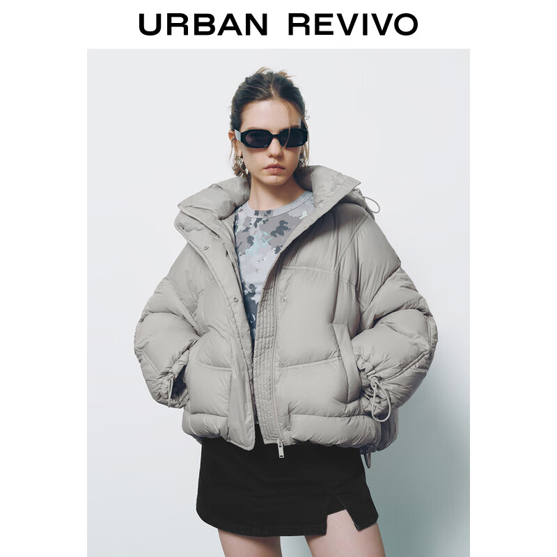 URBAN REVIVO UR2024冬季新款女装可拆卸连帽抽绳羽绒服UYV140034 浅灰 S 529元